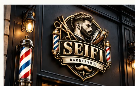 Ontwerpvoorbeeld van het Seifi-logo op een donkere gevel